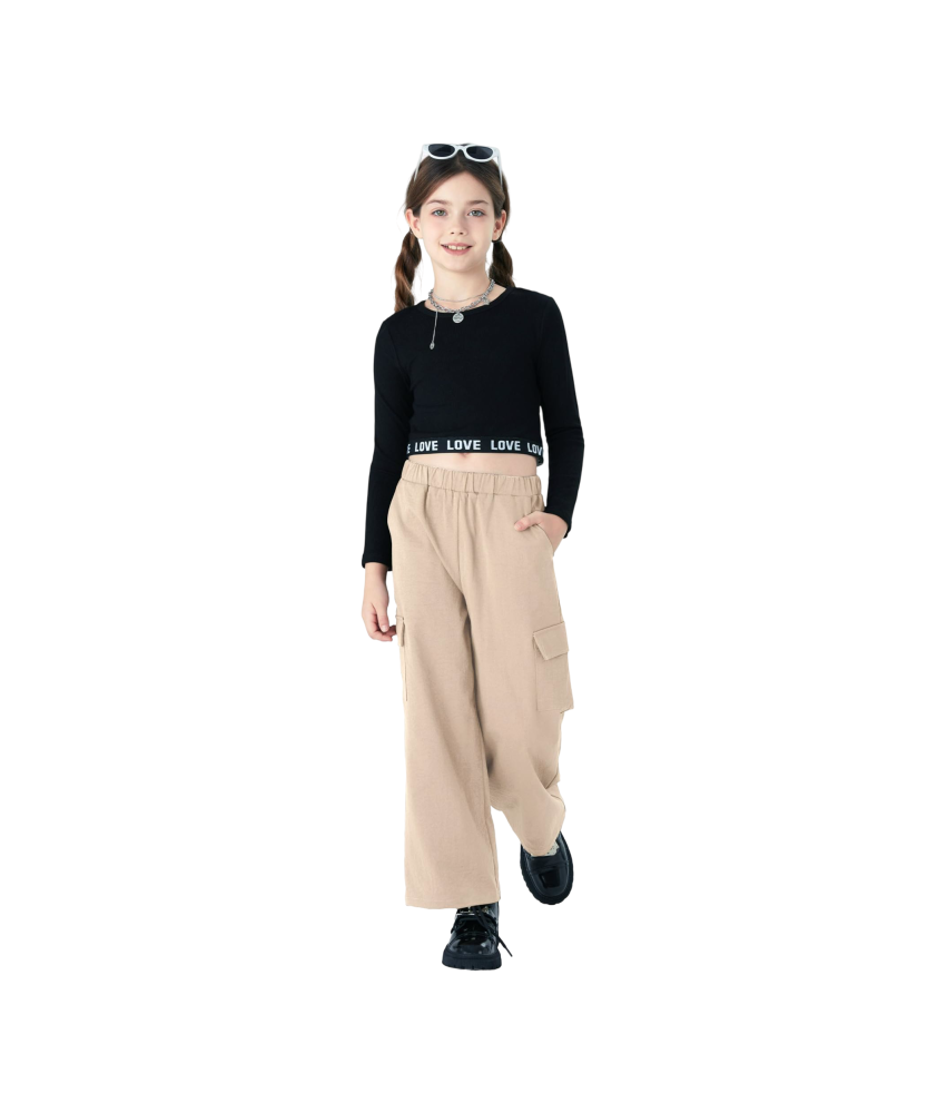 Dziewczęcy Crop Top Spodnie Hip-Hop Zestaw Ubrań Czarny Beżowy 12-13 lat