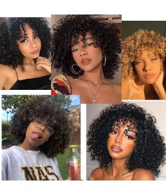 Peruka Afro Kręcona Ombre Brazylijska Brązowa Modna Krótka Z Grzywką Bouncy