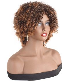 Peruka Afro Kręcona Ombre Brazylijska Brązowa Modna Krótka Z Grzywką Bouncy