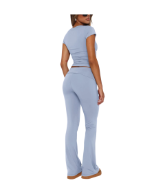 Damski Komplet Dresowy Crop Top Dzwony Wygodny Sportowy Niebieski XS