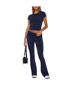 Damski Komplet Dresowy Crop Top Dzwony Wygodny Sportowy Granatowy L