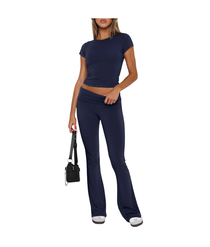 Damski Komplet Dresowy Crop Top Dzwony Wygodny Sportowy Granatowy L