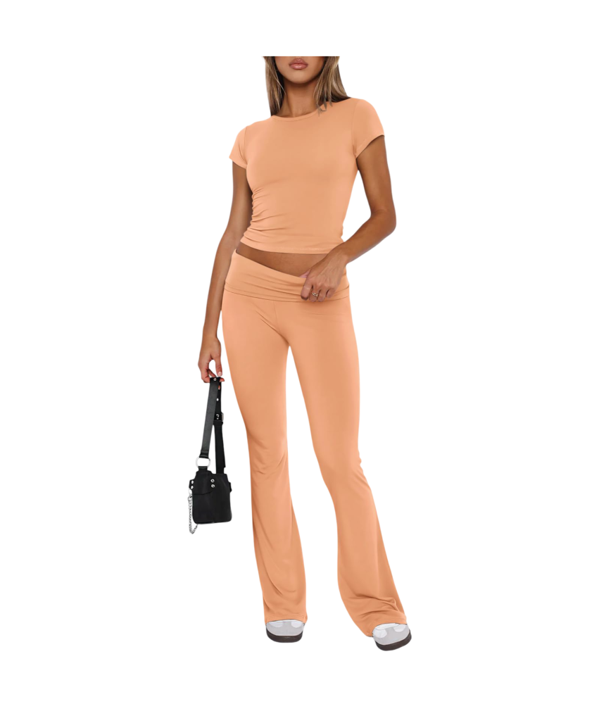 Damski Komplet Dresowy Crop Top Dzwony Wygodny Sportowy Pomarańczowy M