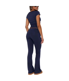 Damski Komplet Dresowy Crop Top Dzwony Wygodny Sportowy Granatowy L