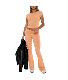 Damski Komplet Dresowy Crop Top Dzwony Wygodny Sportowy Pomarańczowy XS