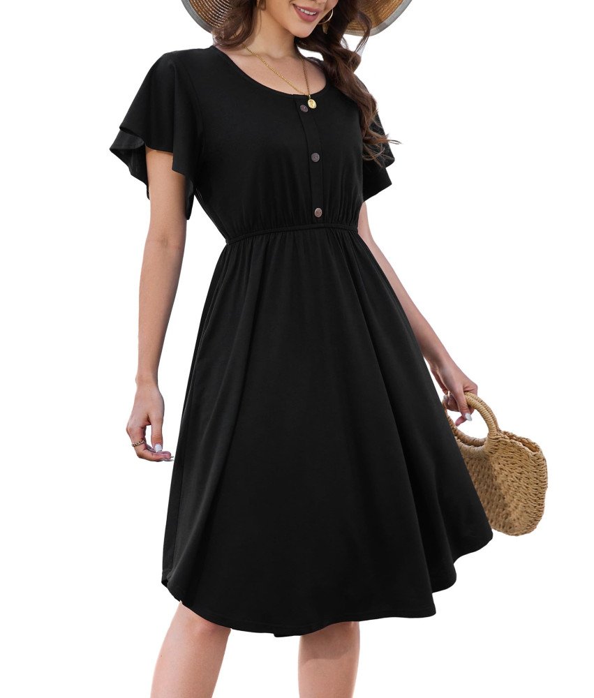 Beluring Sukienka Letnia Swing Midi Krótki Rękaw z Kieszeniami Czarna L