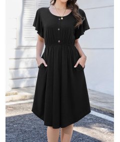 Beluring Sukienka Letnia Swing Midi Krótki Rękaw z Kieszeniami Czarna M