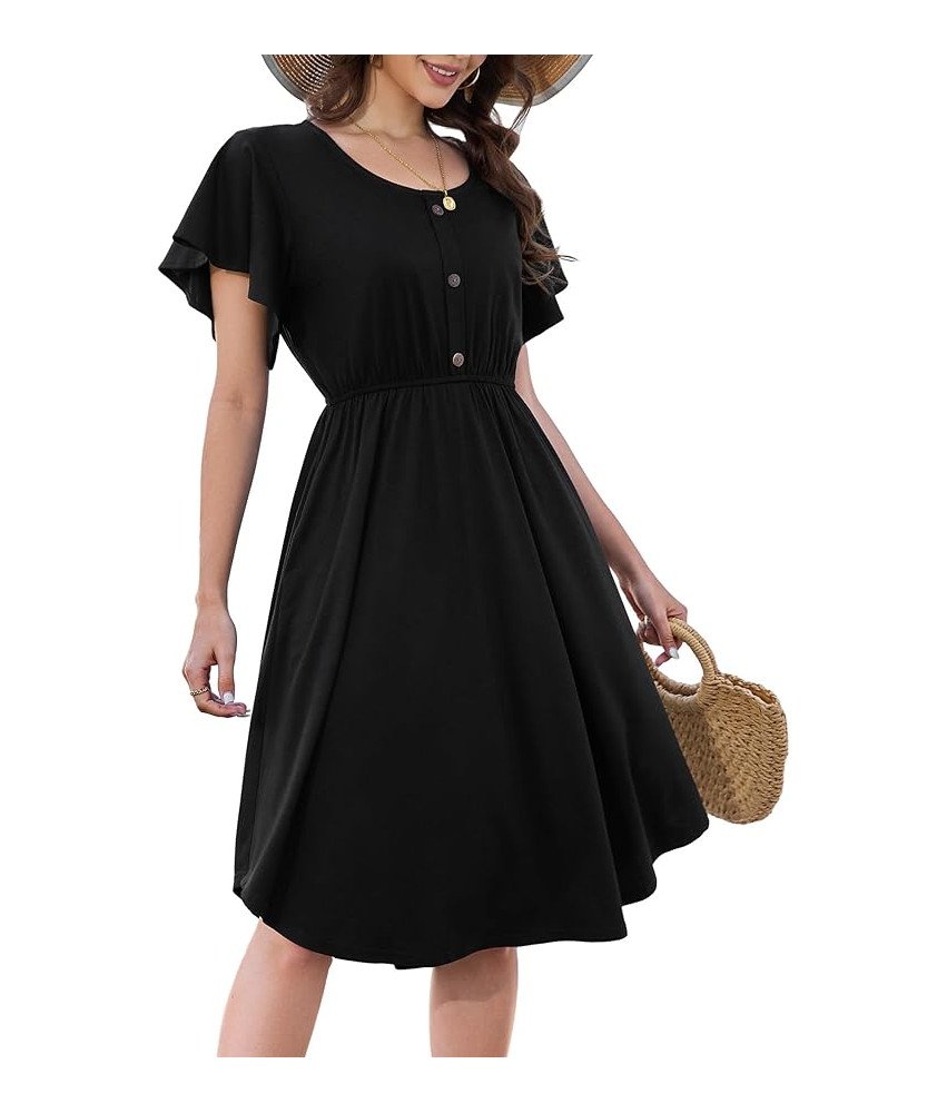 Beluring Sukienka Letnia Swing Midi Krótki Rękaw z Kieszeniami Czarna S