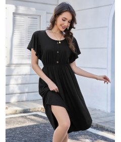 Beluring Sukienka Letnia Swing Midi Krótki Rękaw z Kieszeniami Czarna M