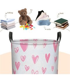 Składany Kosz na Pranie 40x50 cm Worek Organizer na Zabawki Biały w Serca