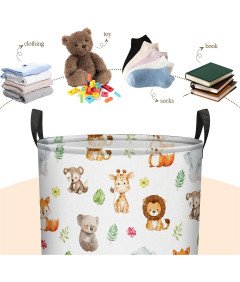 Składany Kosz na Pranie 40x50 cm Worek Organizer Zabawek Biały w Zwierzątka