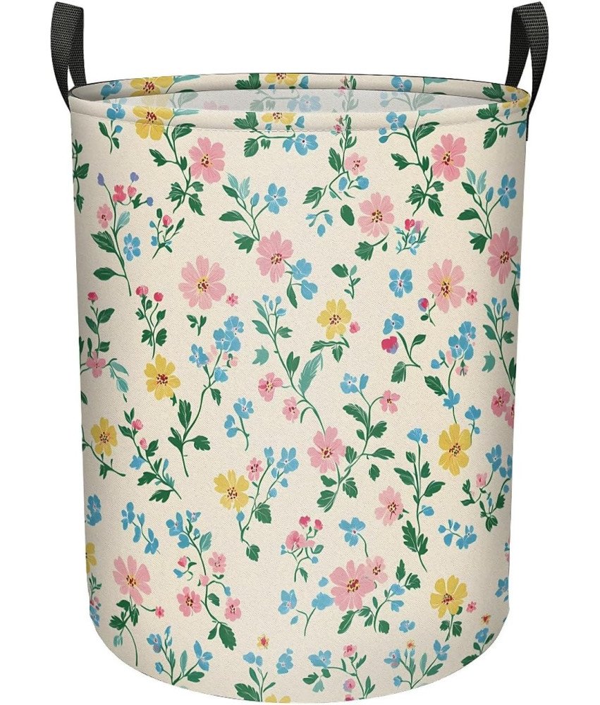 Składany Kosz na Pranie 40x50 cm Worek Organizer na Zabawki Biały w Kwiaty