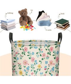 Składany Kosz na Pranie 40x50 cm Worek Organizer na Zabawki Biały w Kwiaty