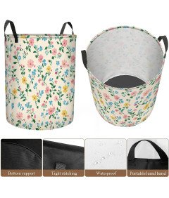 Składany Kosz na Pranie 40x50 cm Worek Organizer na Zabawki Biały w Kwiaty
