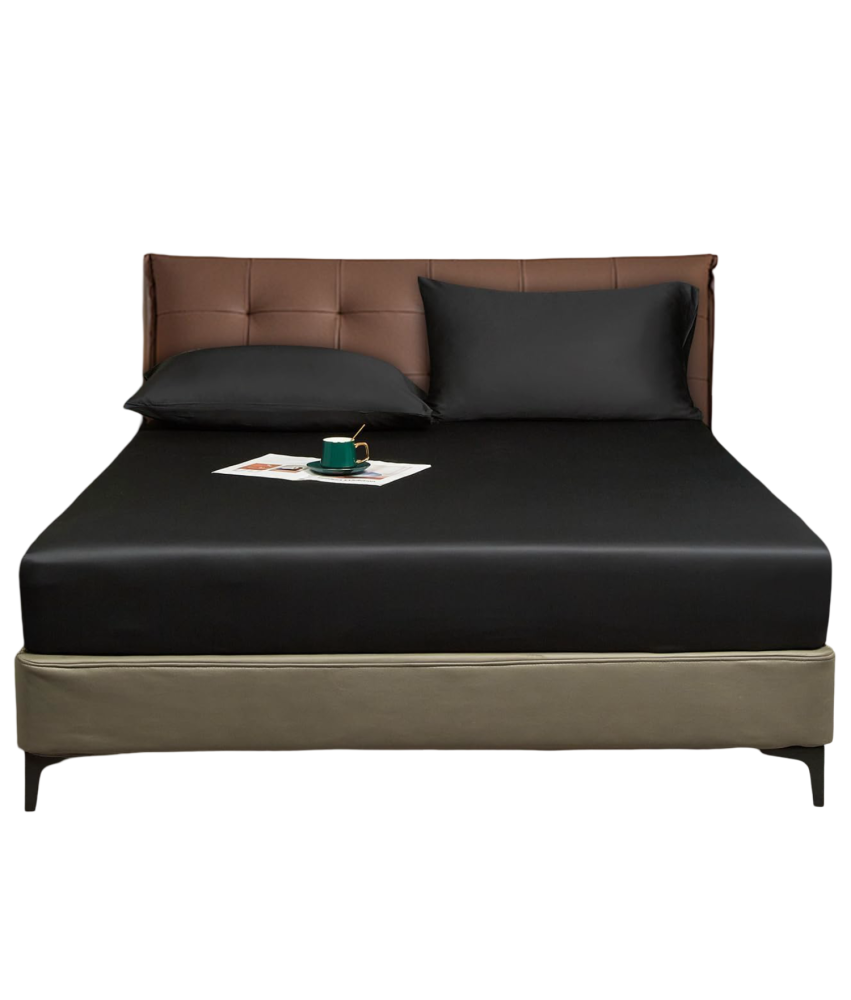 Luofanfei Prześcieradło Satynowe z Gumką 180x200 cm Gładkie Czarne 25-30 cm