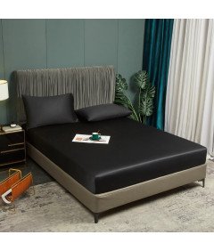 Luofanfei Prześcieradło Satynowe z Gumką 180x200 cm Gładkie Czarne 25-30 cm