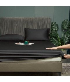 Luofanfei Prześcieradło Satynowe z Gumką 180x200 cm Gładkie Czarne 25-30 cm