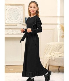 BesserBay Sukienka Maxi Długi Rękaw Falbanka Dziewczynki 13-14 Lat Czarna
