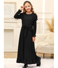 BesserBay Sukienka Maxi Długi Rękaw Falbanka Dziewczynki 13-14 Lat Czarna