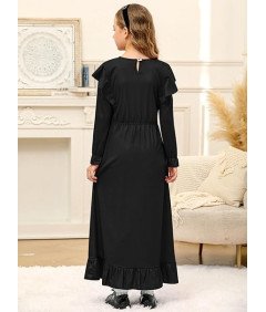 BesserBay Sukienka Maxi Długi Rękaw Falbanka Dziewczynki 13-14 Lat Czarna