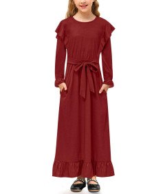 BesserBay Sukienka Maxi Długi Rękaw Falbanka Dziewczynki 11-12 Lat Czerwona