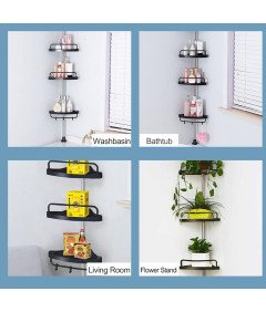 Narożna Teleskopowa Półka Prysznicowa 185-310 cm 5 Półek i Wieszak Czarna