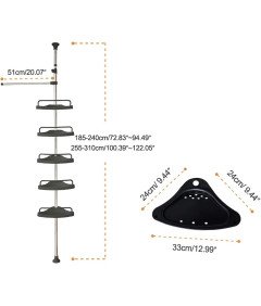 Narożna Teleskopowa Półka Prysznicowa 185-310 cm 5 Półek i Wieszak Czarna