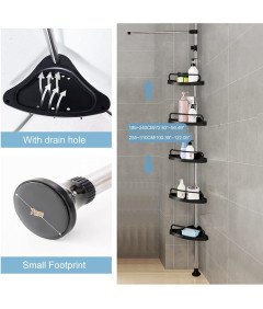 Narożna Teleskopowa Półka Prysznicowa 185-310 cm 5 Półek i Wieszak Czarna