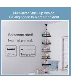 Narożna Teleskopowa Półka Prysznicowa 185-310 cm 5 Półek i Wieszak Czarna