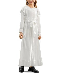 BesserBay Sukienka Maxi Długi Rękaw Falbanka Dziewczynki 7-8 Lat Biała