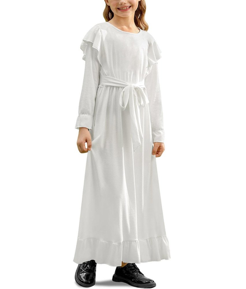 BesserBay Sukienka Maxi Długi Rękaw Falbanka Dziewczynki 7-8 Lat Biała