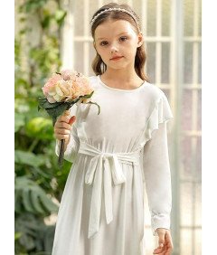 BesserBay Sukienka Maxi Długi Rękaw Falbanka Dziewczynki 7-8 Lat Biała