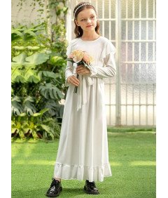 BesserBay Sukienka Maxi Długi Rękaw Falbanka Dziewczynki 7-8 Lat Biała