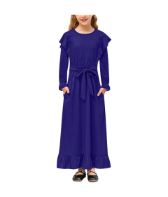 BesserBay Sukienka Maxi Długi Rękaw Falbanka Dziewczynki 13-14 Lat Niebiesk