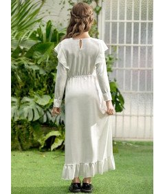 BesserBay Sukienka Maxi Długi Rękaw Falbanka Dziewczynki 7-8 Lat Biała