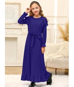 BesserBay Sukienka Maxi Długi Rękaw Falbanka Dziewczynki 13-14 Lat Niebiesk