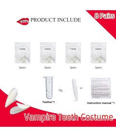 Zęby Wampira Sztuczne Kły Drakula Przebranie Halloween 8 Par 4 Rozmiary