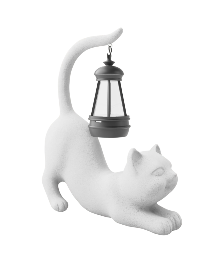 Figurka Żywiczna Ogrodowa Lampa Solarna Rzeźba Zewnętrzna Kot Biały