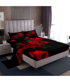 Komplet Pościeli Róże Czerwone Mikrofibra Prześcieradło 4 Części 150x200 cm