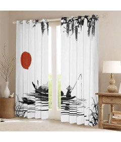 Japońskie Zasłony Okienne Aesthetic Ukiyoe Hokusai Słońce Rybak 132x228 Cm