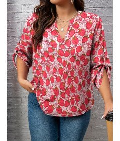 Damska Koszula Letnia Plus Size Długie Rękawy Wzór w Truskawki Czerwona 2XL