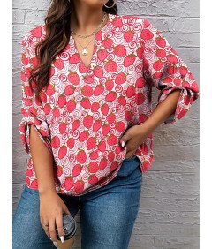Damska Koszula Letnia Plus Size Długie Rękawy Wzór w Truskawki Czerwona 3XL