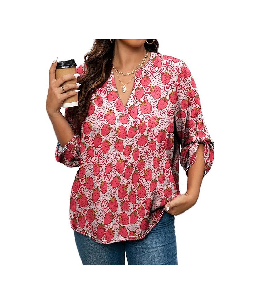 Damska Koszula Letnia Plus Size Długie Rękawy Wzór w Truskawki Czerwona 5XL