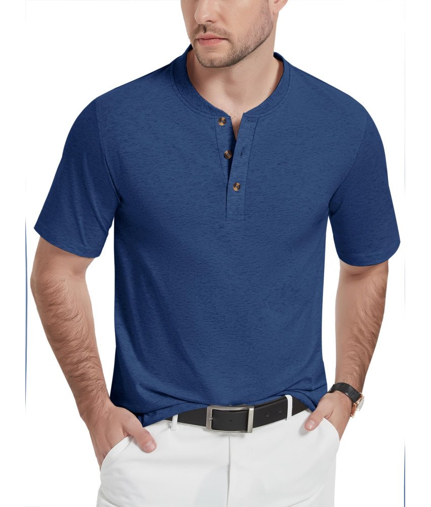 KEFITEVD Koszulka Męska Henley Bawełniana Polo Bez Kołnierzyka Niebieska M