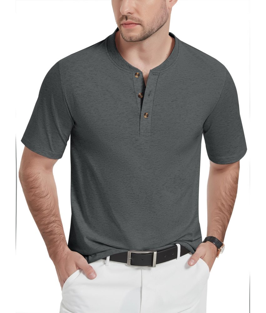 KEFITEVD Koszulka Męska Henley Bawełniana Polo Bez Kołnierzyka Szara XXL