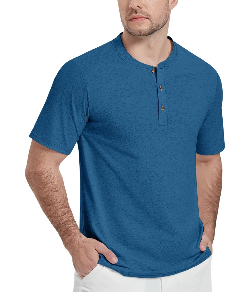 KEFITEVD Koszulka Męska Henley Bawełniana Polo Bez Kołnierzyka Niebieska L