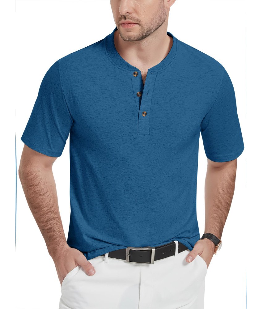 KEFITEVD Koszulka Męska Henley Bawełniana Polo Bez Kołnierzyka Niebieska XL