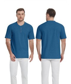 KEFITEVD Koszulka Męska Henley Bawełniana Polo Bez Kołnierzyka Niebieska XL