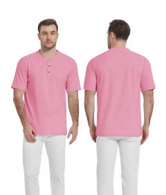 KEFITEVD Koszulka Męska Henley Bawełniana Polo Bez Kołnierzyka Różowa S