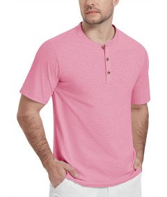 KEFITEVD Koszulka Męska Henley Bawełniana Polo Bez Kołnierzyka Różowa XXL